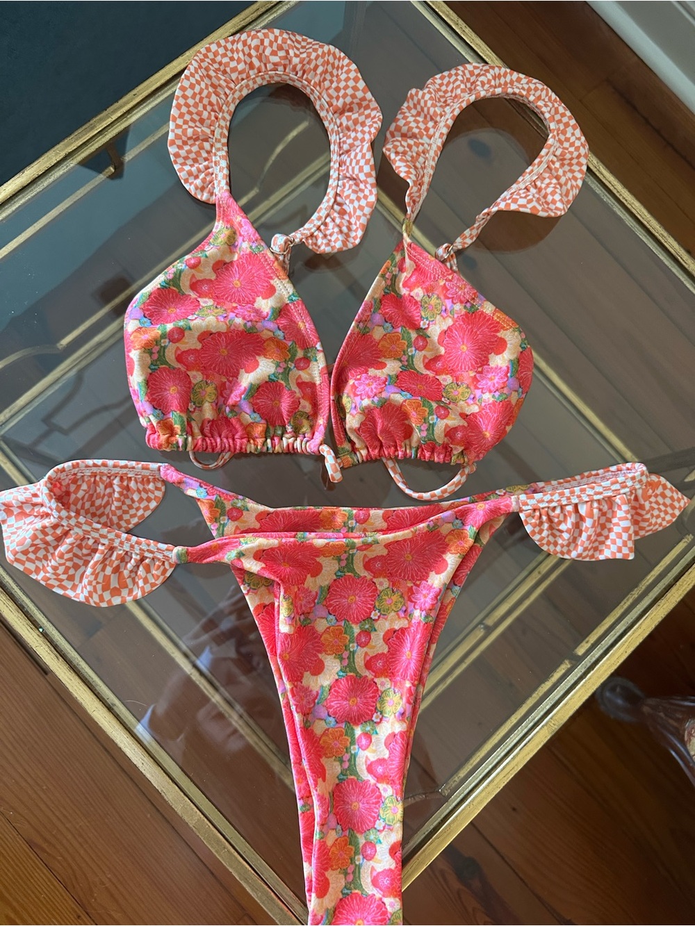 Strawberry Milk Mob Pink Floral & Peach Check Bikini - Picture 2 of 4